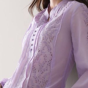 White House Black Market Long Sleeve Silk and Cotton Embroidered Shirt